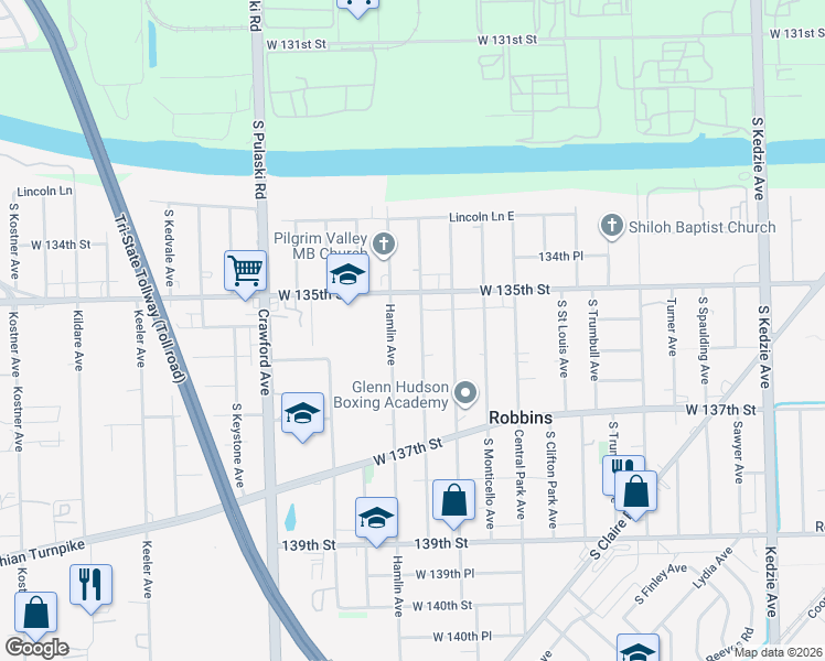 map of restaurants, bars, coffee shops, grocery stores, and more near 13526 South Ridgeway Avenue in Robbins