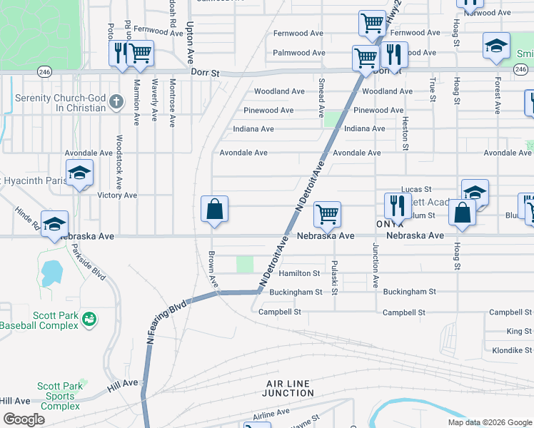map of restaurants, bars, coffee shops, grocery stores, and more near 615 North Detroit Avenue in Toledo
