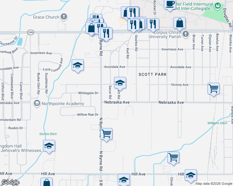 map of restaurants, bars, coffee shops, grocery stores, and more near 600-630 Cuthbert Road in Toledo