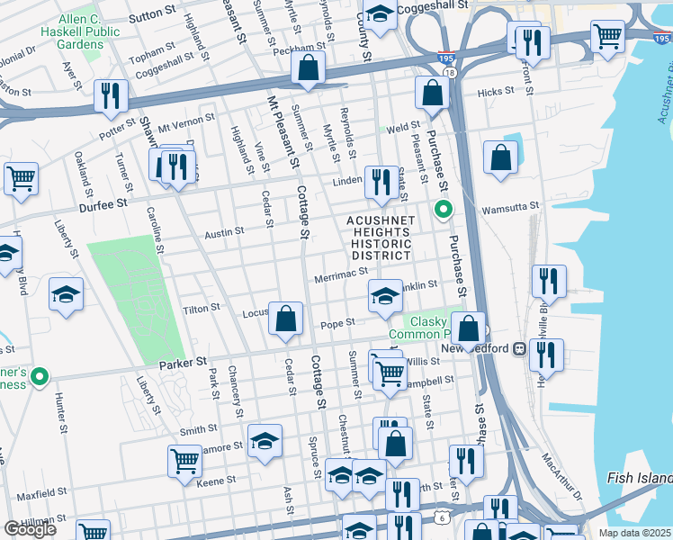 map of restaurants, bars, coffee shops, grocery stores, and more near 290 Summer Street in New Bedford