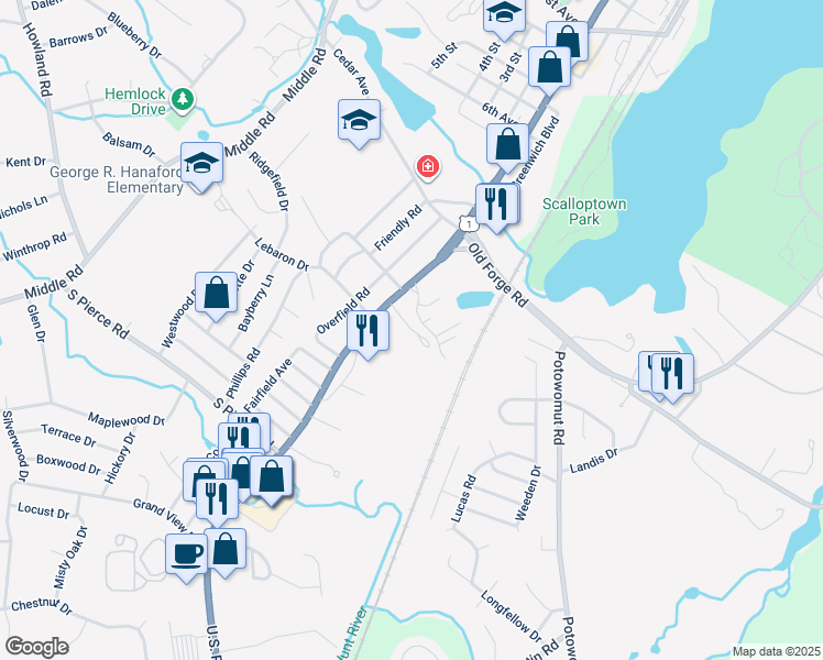 map of restaurants, bars, coffee shops, grocery stores, and more near 1 Post Road in East Greenwich