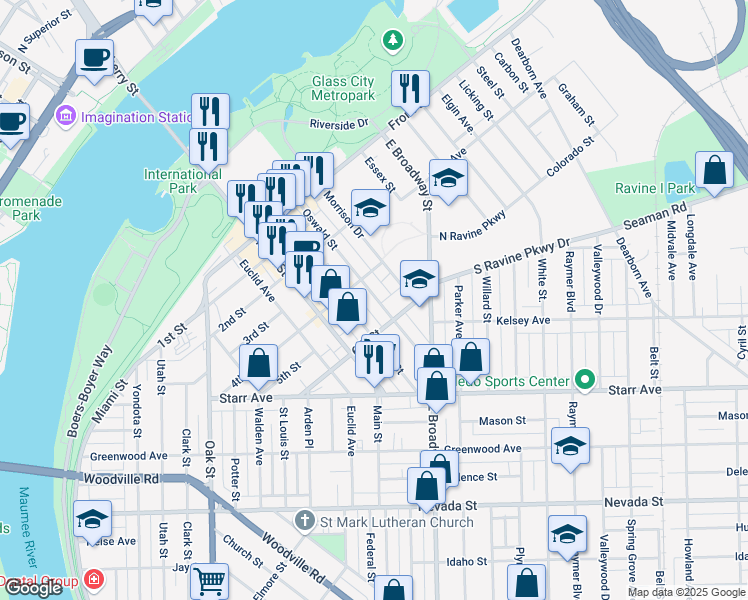 map of restaurants, bars, coffee shops, grocery stores, and more near 503 Platt Street in Toledo