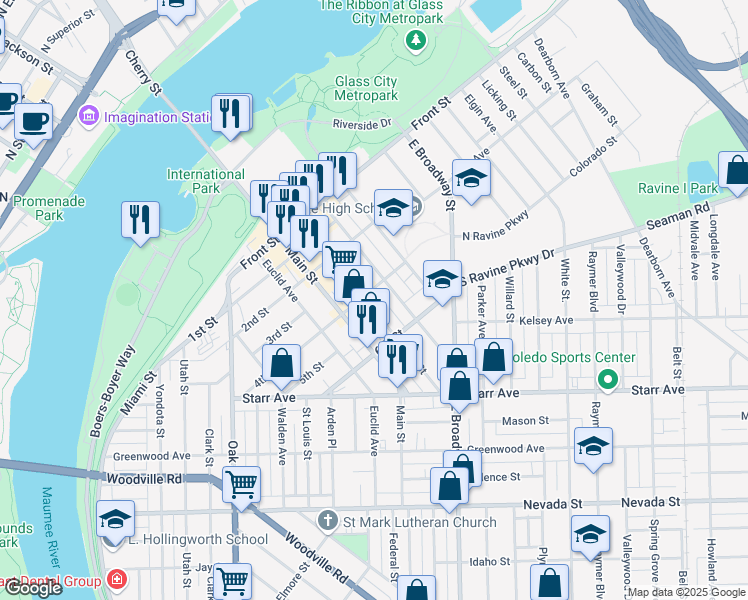 map of restaurants, bars, coffee shops, grocery stores, and more near 413 Main Street in Toledo