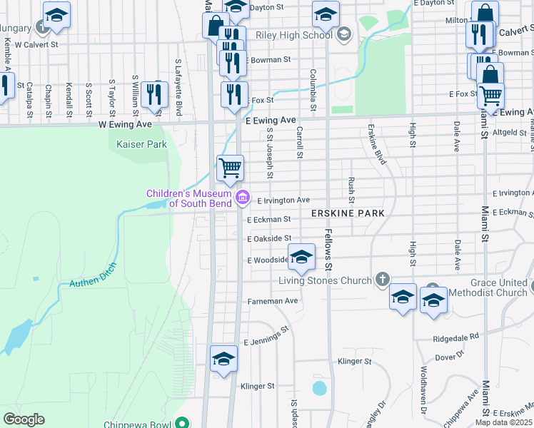 map of restaurants, bars, coffee shops, grocery stores, and more near 124 East Eckman Street in South Bend