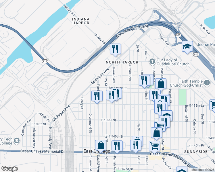 map of restaurants, bars, coffee shops, grocery stores, and more near 1501 Broadway Street in Gary