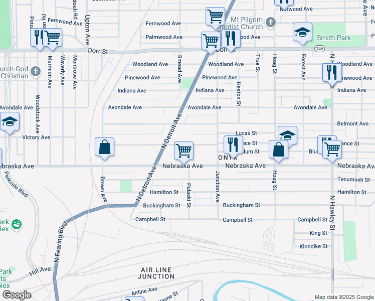 map of restaurants, bars, coffee shops, grocery stores, and more near 1510 Nebraska Avenue in Toledo