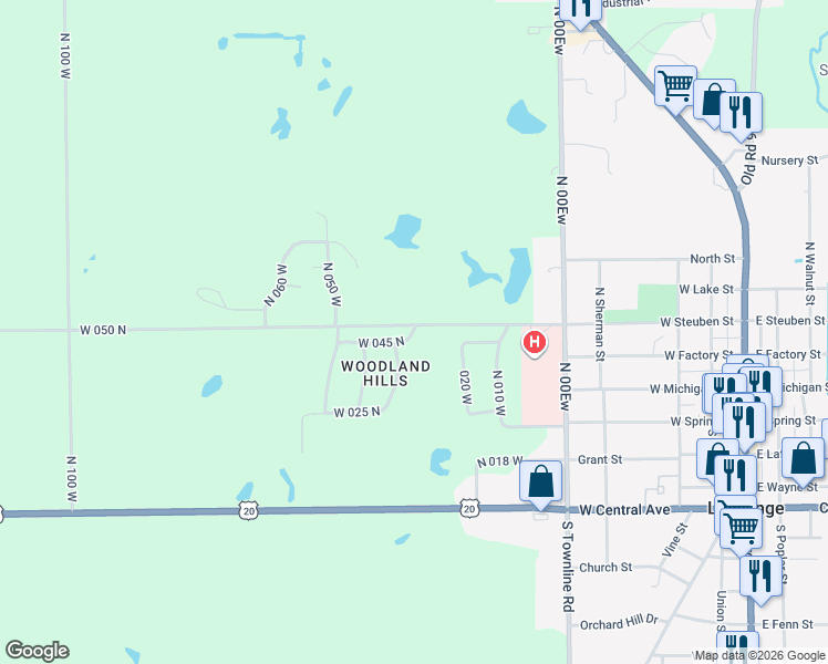 map of restaurants, bars, coffee shops, grocery stores, and more near W 045 N in LaGrange