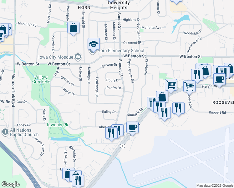 map of restaurants, bars, coffee shops, grocery stores, and more near 147 Penfro Drive in Iowa City