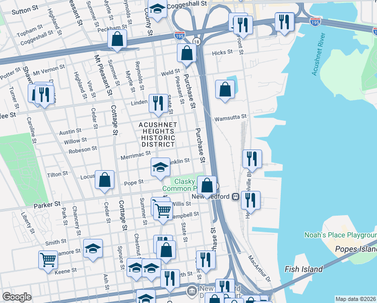 map of restaurants, bars, coffee shops, grocery stores, and more near 1235 Pleasant Street in New Bedford