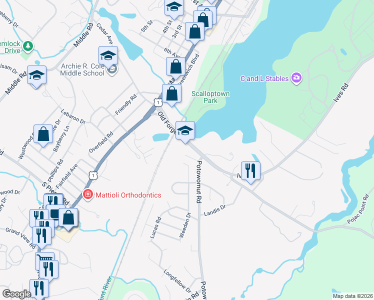 map of restaurants, bars, coffee shops, grocery stores, and more near 15 Potowomut Road in East Greenwich