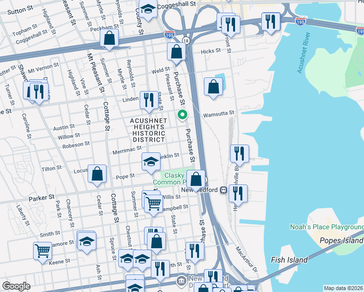 map of restaurants, bars, coffee shops, grocery stores, and more near 1232 Pleasant Street in New Bedford