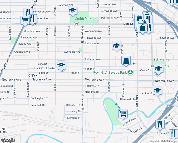 map of restaurants, bars, coffee shops, grocery stores, and more near 933 Blum Street in Toledo