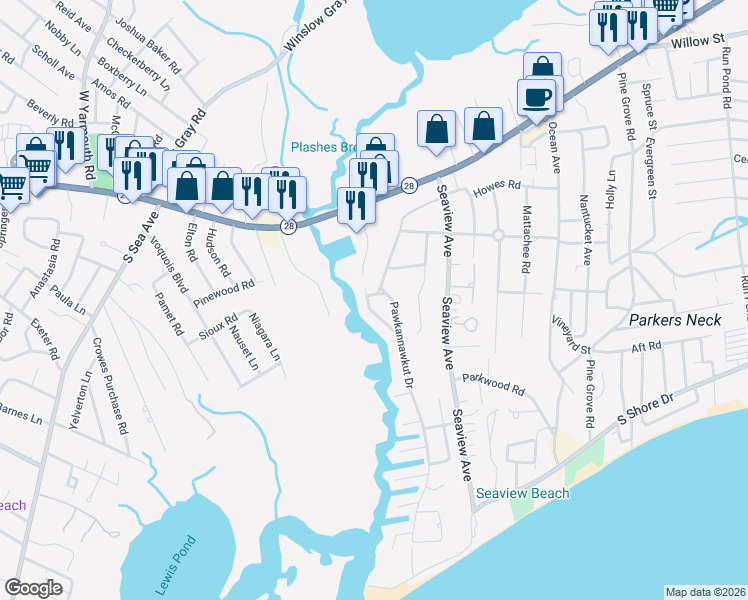 map of restaurants, bars, coffee shops, grocery stores, and more near 65 Neptune Lane in Yarmouth
