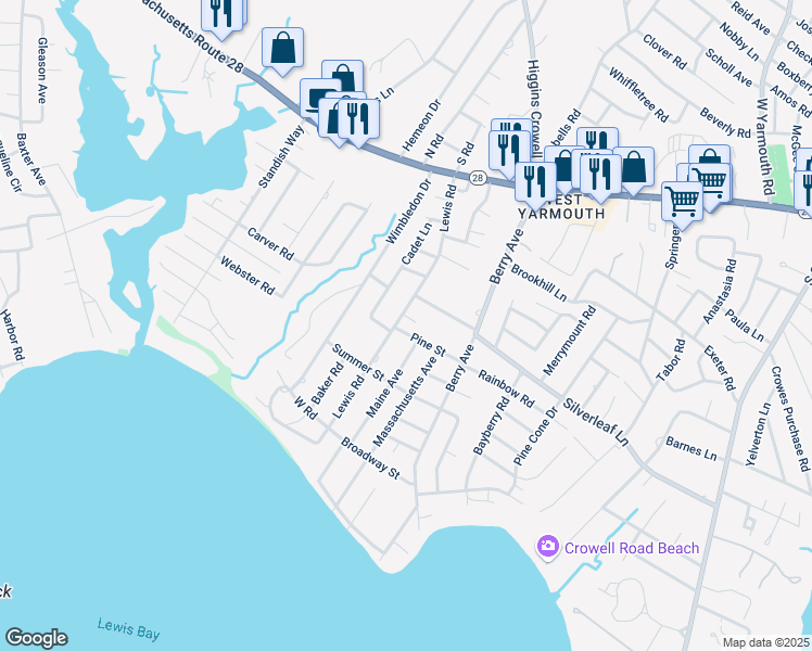 map of restaurants, bars, coffee shops, grocery stores, and more near 100 Lewis Road in Yarmouth