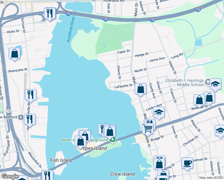 map of restaurants, bars, coffee shops, grocery stores, and more near 4 West Street in Fairhaven