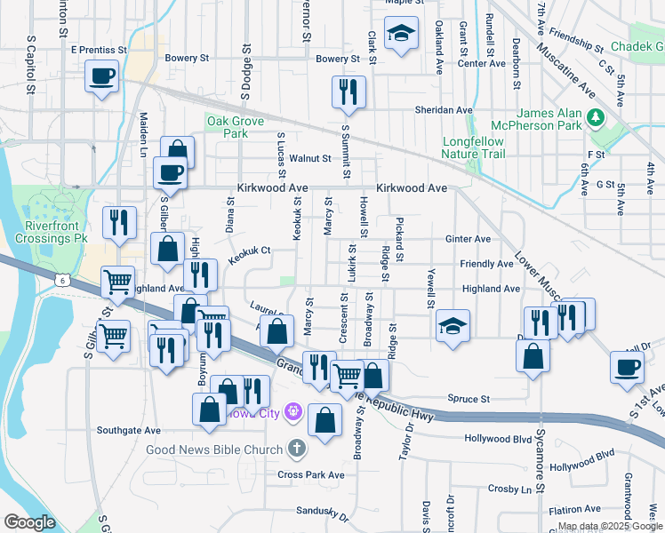 map of restaurants, bars, coffee shops, grocery stores, and more near 1315 Lukirk Street in Iowa City