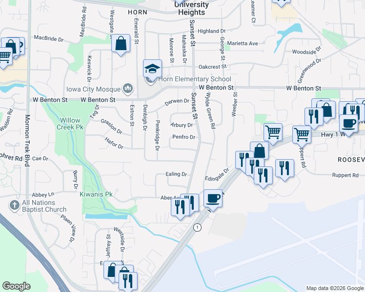 map of restaurants, bars, coffee shops, grocery stores, and more near 147 Penfro Drive in Iowa City
