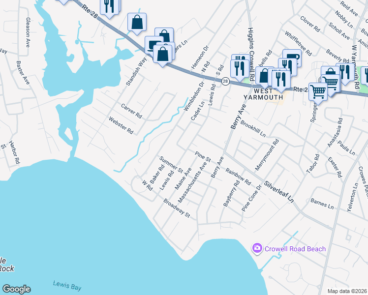 map of restaurants, bars, coffee shops, grocery stores, and more near 100 Lewis Road in Yarmouth