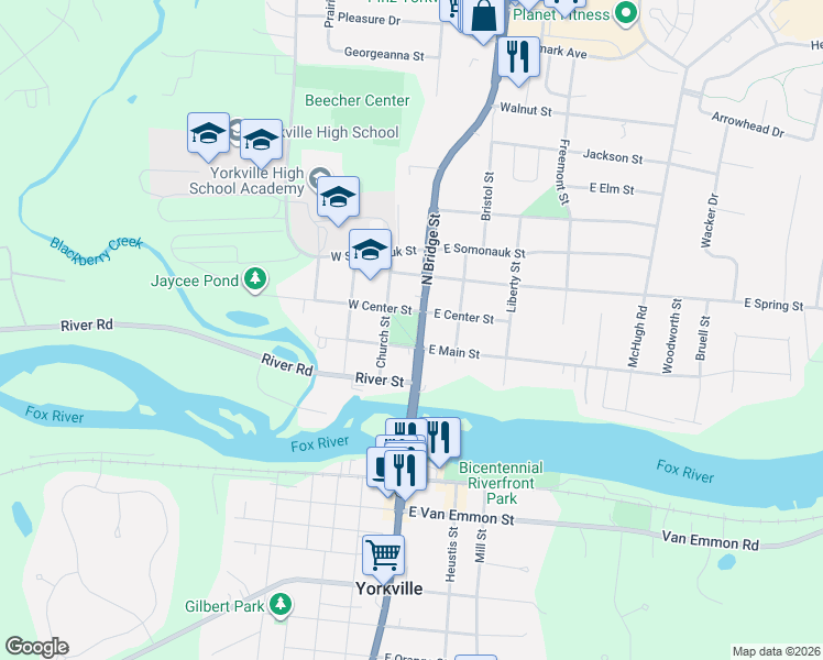 map of restaurants, bars, coffee shops, grocery stores, and more near 198 East Main Street in Yorkville