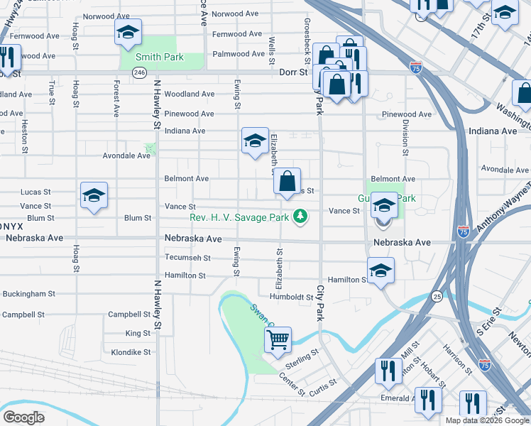 map of restaurants, bars, coffee shops, grocery stores, and more near 713 Blum Street in Toledo