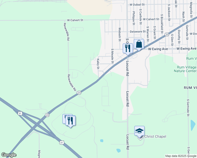 map of restaurants, bars, coffee shops, grocery stores, and more near 2602 South Kaley Street in South Bend