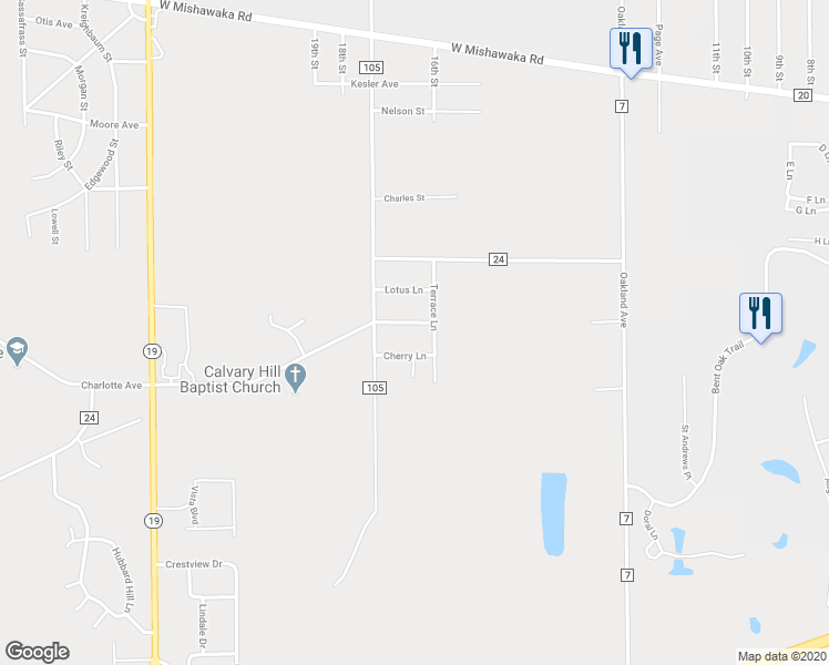 map of restaurants, bars, coffee shops, grocery stores, and more near 27424 Honeysuckle Lane in Elkhart