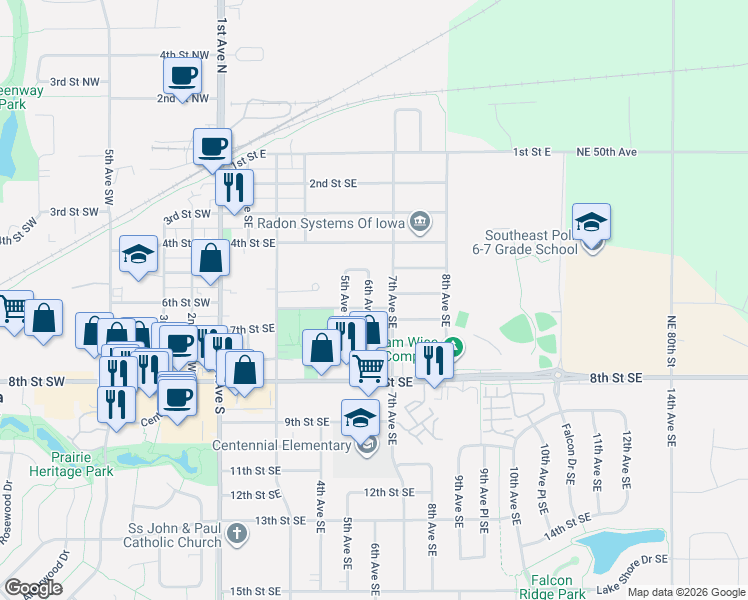 map of restaurants, bars, coffee shops, grocery stores, and more near 604 7th Avenue Southeast in Altoona