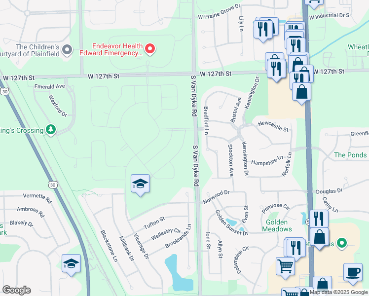 map of restaurants, bars, coffee shops, grocery stores, and more near 12970-12992 South Van Dyke Road in Plainfield