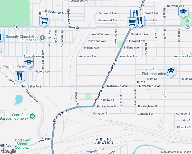 map of restaurants, bars, coffee shops, grocery stores, and more near 615 North Detroit Avenue in Toledo