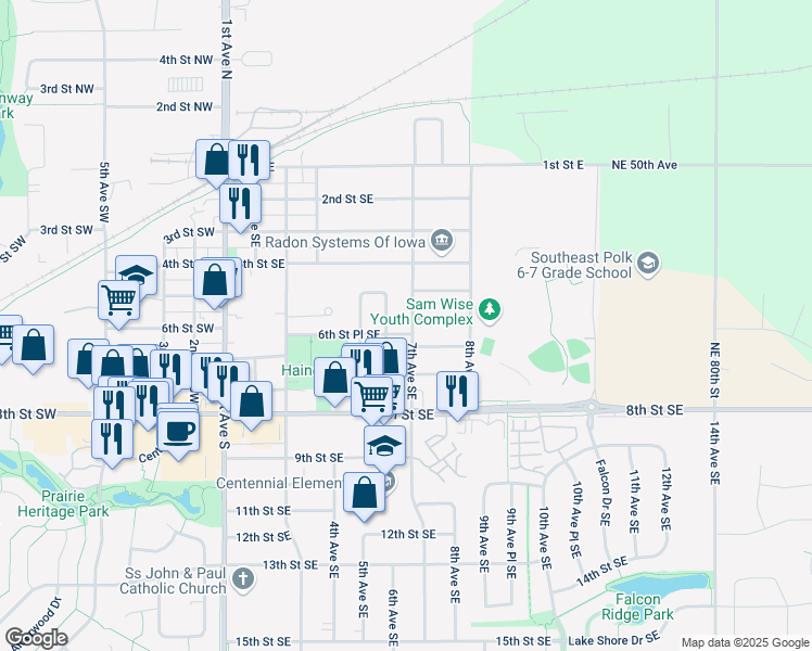 map of restaurants, bars, coffee shops, grocery stores, and more near 604 7th Avenue Southeast in Altoona