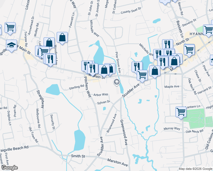 map of restaurants, bars, coffee shops, grocery stores, and more near 40 Arbor Way in Barnstable