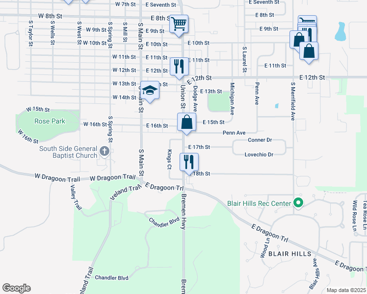 map of restaurants, bars, coffee shops, grocery stores, and more near 1600 Union Street in Mishawaka