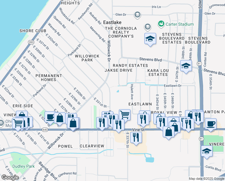 map of restaurants, bars, coffee shops, grocery stores, and more near 1277 Waverly Road in Eastlake