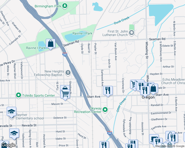 map of restaurants, bars, coffee shops, grocery stores, and more near 242 Poplar Street in Toledo
