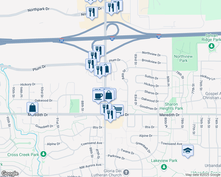 map of restaurants, bars, coffee shops, grocery stores, and more near 8514 Hickory Lane in Urbandale