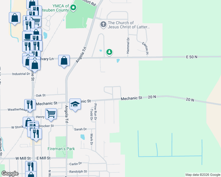 map of restaurants, bars, coffee shops, grocery stores, and more near 901-1099 Hickory Hill Dr in Angola
