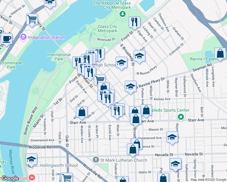map of restaurants, bars, coffee shops, grocery stores, and more near 503 Platt Street in Toledo
