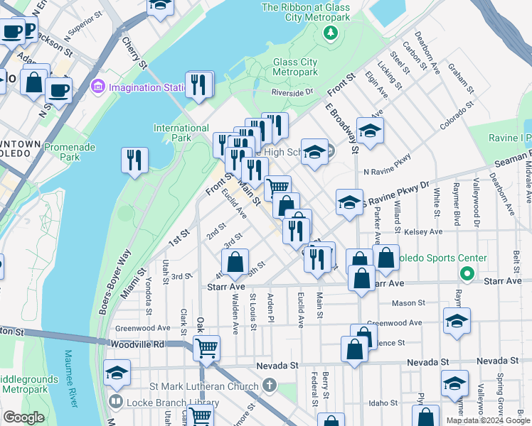 map of restaurants, bars, coffee shops, grocery stores, and more near 513 4th Street in Toledo