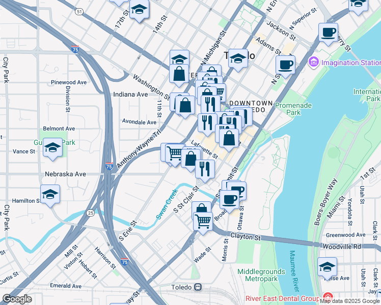 map of restaurants, bars, coffee shops, grocery stores, and more near 602 Market Street in Toledo