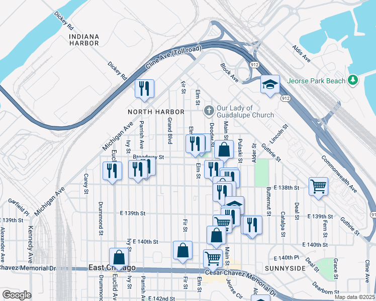 map of restaurants, bars, coffee shops, grocery stores, and more near 1901 Broadway Street in Gary