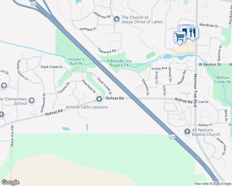 map of restaurants, bars, coffee shops, grocery stores, and more near 3085-3199 Rohret Road in Iowa City