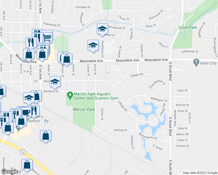 map of restaurants, bars, coffee shops, grocery stores, and more near 3051 Wayne Avenue in Iowa City