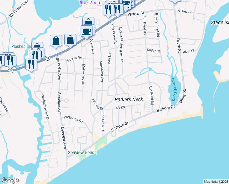 map of restaurants, bars, coffee shops, grocery stores, and more near 139 Pine Grove Road in Yarmouth