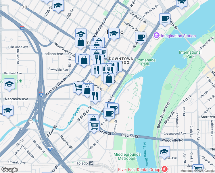 map of restaurants, bars, coffee shops, grocery stores, and more near 102 South Saint Clair Street in Toledo