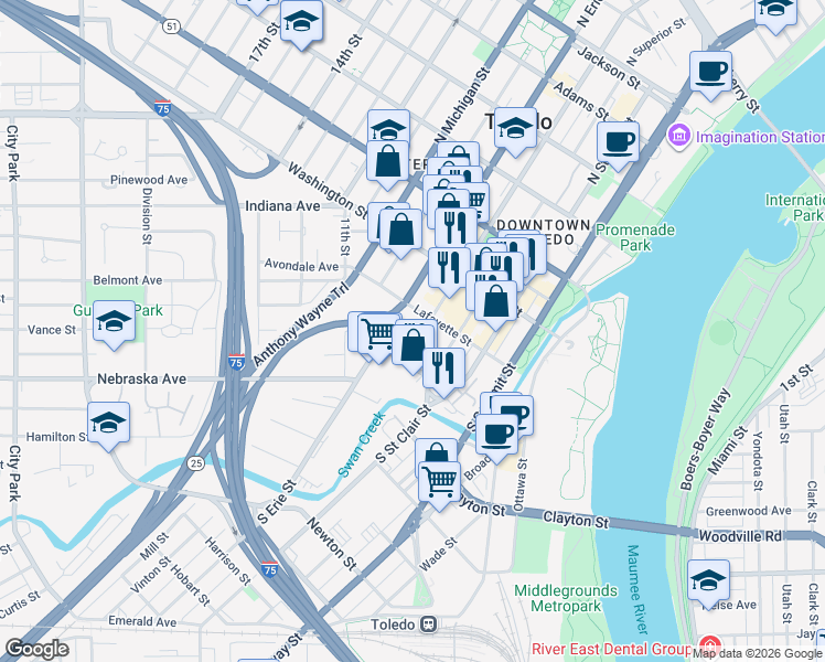 map of restaurants, bars, coffee shops, grocery stores, and more near 100 South Huron Street in Toledo