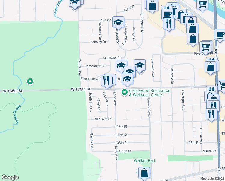 map of restaurants, bars, coffee shops, grocery stores, and more near 5410 135th Street in Crestwood