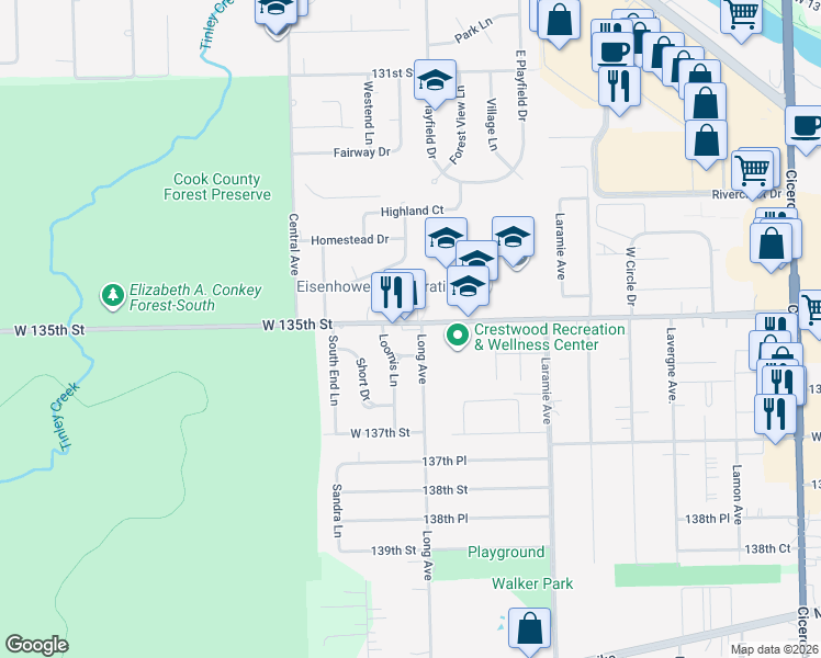 map of restaurants, bars, coffee shops, grocery stores, and more near 5416 West 135th Street in Crestwood