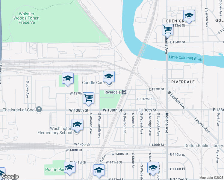 map of restaurants, bars, coffee shops, grocery stores, and more near South Halsted Street in Riverdale