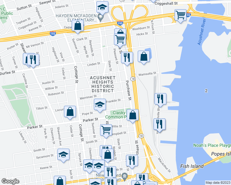 map of restaurants, bars, coffee shops, grocery stores, and more near 150 State Street in New Bedford