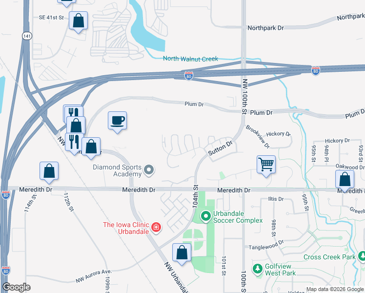 map of restaurants, bars, coffee shops, grocery stores, and more near 10615 Sharon Circle in Urbandale